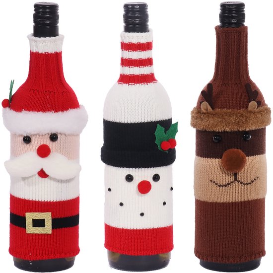 Wine Bottle Decorations - 3 Pieces - Wine Bottle Sleeves - Wine Bottle Bags - Christmas Decorations - Cartoon Knitted Old Man and Snowman Wine Bottle Sleeves - Festive Restaurant Decorations - Image 1