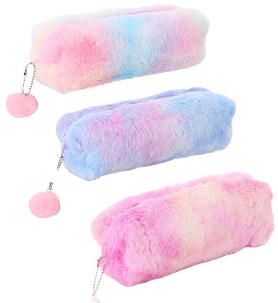 Pencil Cases - 3-Piece - Storage Bags - Fluffy Fleece Pencil Cases - Rainbow Gradient Design - Suitable for girls aged 3 to 12 - Ideal gift for birthdays, graduations and Christmas - Image 1
