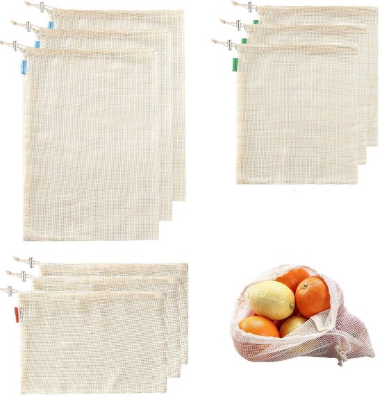 Mesh Bags - Pack of 9 - Reusable Mesh Bags for Fruits and Vegetables - Cotton Mesh Bags for Groceries - Portable Vegetable Bags in 3 Sizes - Storage Bags for Fruits and Vegetables - Image 1