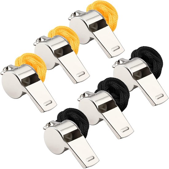 Whistles - Set of 6 - Emergency whistles - Stainless steel whistles - Metal whistles with lanyard - Coach whistles with lanyard - Sports whistles - Loud and clear whistles for referees - Emergencies in training halls - Image 1