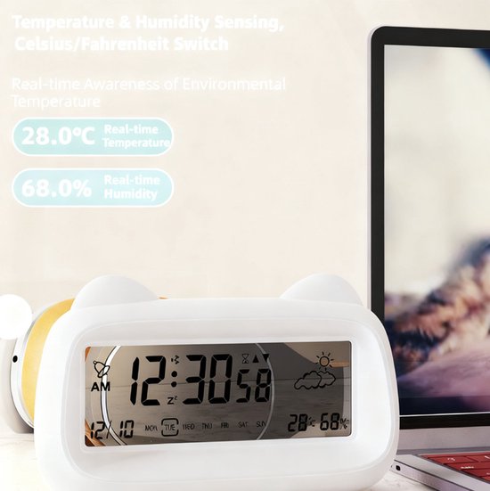 Alarm Clock - Digital Alarm Clock - Digital Clock - Smart Alarm Clock - Electronic Calendar - Cat-shaped Alarm Clock with Light - Real-time Temperature and Humidity Monitoring - Weather Display - Large Night Light Screen - USB Charging（Blue） - Image 3