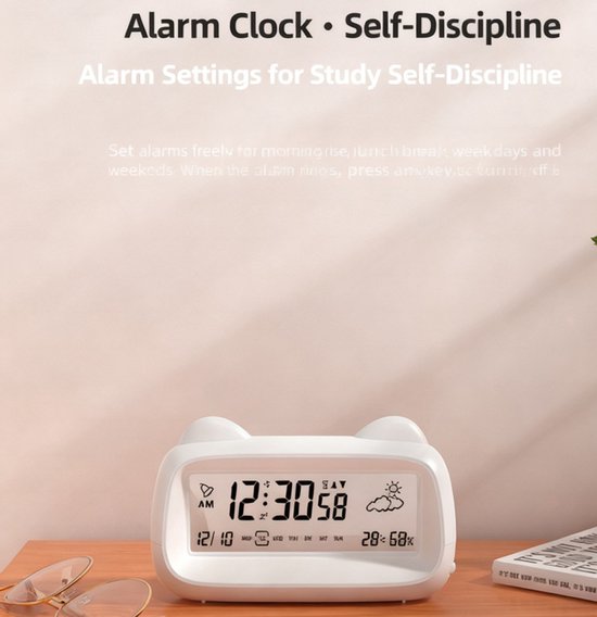 Alarm Clock - Digital Alarm Clock - Digital Clock - Smart Alarm Clock - Electronic Calendar - Cat-shaped Alarm Clock with Light - Real-time Temperature and Humidity Monitoring - Weather Display - Large Night Light Screen - USB Charging（Blue） - Image 4