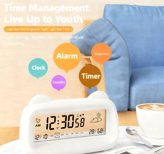 Alarm Clock - Digital Alarm Clock - Digital Clock - Smart Alarm Clock - Electronic Calendar - Cat-shaped Alarm Clock with Light - Real-time Temperature and Humidity Monitoring - Weather Display - Large Night Light Screen - USB Charging（Purple） - Image 1
