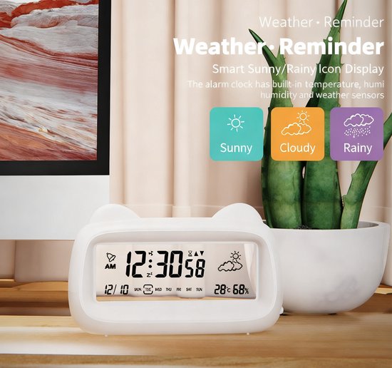 Alarm Clock - Digital Alarm Clock - Digital Clock - Smart Alarm Clock - Electronic Calendar - Cat-shaped Alarm Clock with Light - Real-time Temperature and Humidity Monitoring - Weather Display - Large Night Light Display Screen - USB Charging（Vegetable） - Image 2