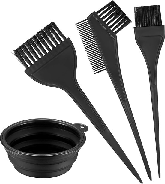 Hair Dye Brush - 4-Piece Hair Dye Brush Set - Hair Dye Brush and Mixing Bowl Set - Double-Sided Hair Dye Brush - Hair Styling Tools - DIY Hair Dye Comb Set - Includes Mixing Bowl - Black - Image 1