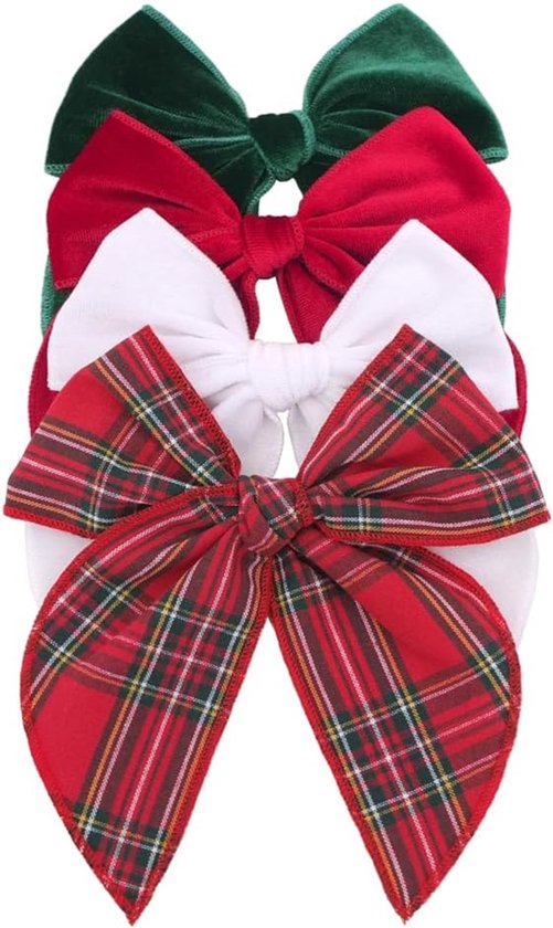 Hairclips - Set of 4 - Hair accessories - Hairclips with bows - Accessories suitable for little girls and mothers - Red, green, white and checked - Image 1