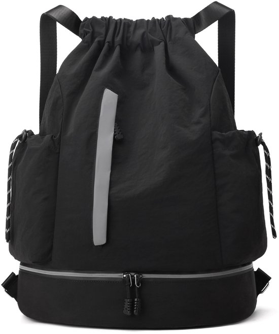 Drawstring Backpack - Waterproof Sports Bag - Lightweight Sports Backpack - With Shoe Compartment - Unisex - Suitable for Basketball, Football, Swimming and Travel - Black - Image 1