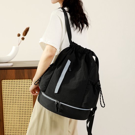 Drawstring Backpack - Waterproof Sports Bag - Lightweight Sports Backpack - With Shoe Compartment - Unisex - Suitable for Basketball, Football, Swimming and Travel - Black - Image 5
