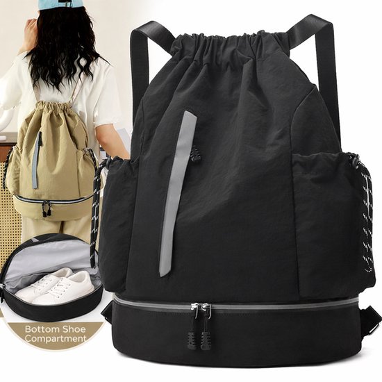 Drawstring Backpack - Waterproof Sports Bag - Lightweight Sports Backpack - With Shoe Compartment - Unisex - Suitable for Basketball, Football, Swimming and Travel - Black - Image 6
