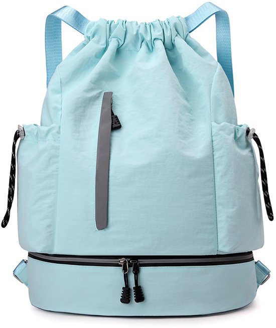 Drawstring Backpack - Waterproof Sports Bag - Lightweight Sports Backpack - With Shoe Compartment - Unisex - Suitable for Basketball, Football, Swimming and Travel - Blue - Image 1