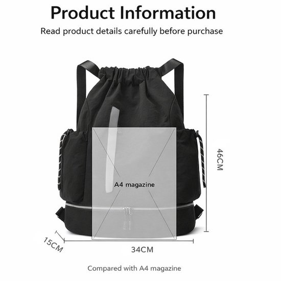 Drawstring Backpack - Waterproof Sports Bag - Lightweight Sports Backpack - With Shoe Compartment - Unisex - Suitable for Basketball, Football, Swimming and Travel - Blue - Image 2