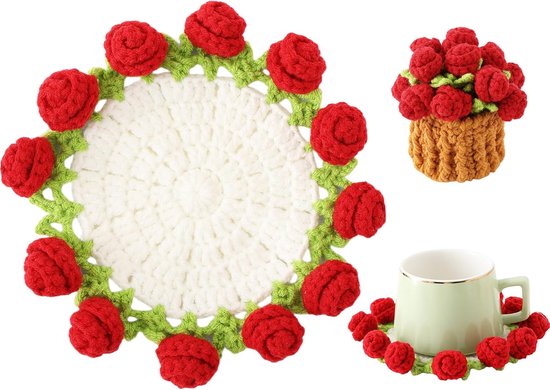 Coasters - Mini Basket Included - Floral Coasters - Vintage Rose Design - Suitable for coffee tables, weddings, housewarming parties, birthdays, etc.（Red） - Image 1