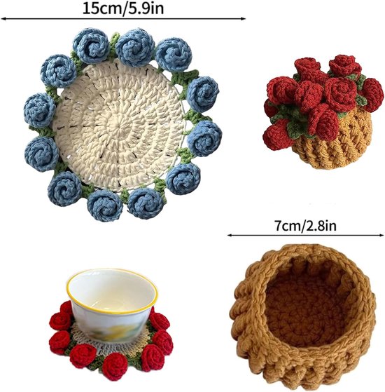 Coasters - Mini Basket Included - Floral Coasters - Vintage Rose Design - Suitable for coffee tables, weddings, housewarming parties, birthdays, etc.（Red） - Image 6