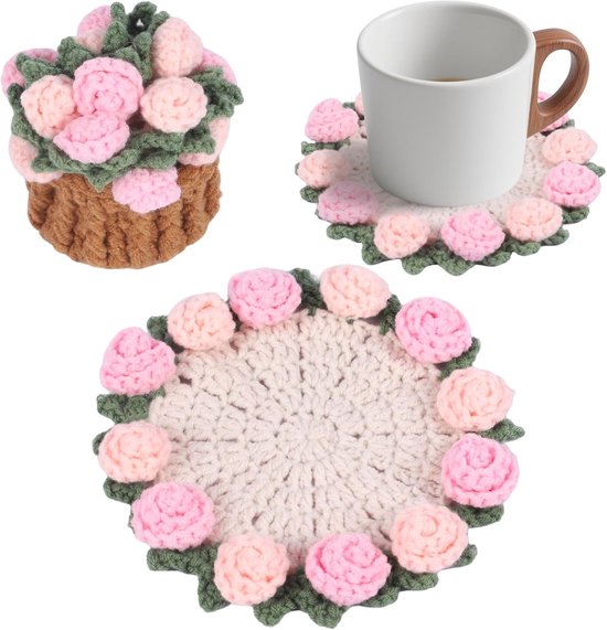 Coasters - Mini Basket Included - Floral Coasters - Vintage Rose Design - Suitable for coffee tables, weddings, housewarming parties, birthdays, etc.（Pink） - Image 1