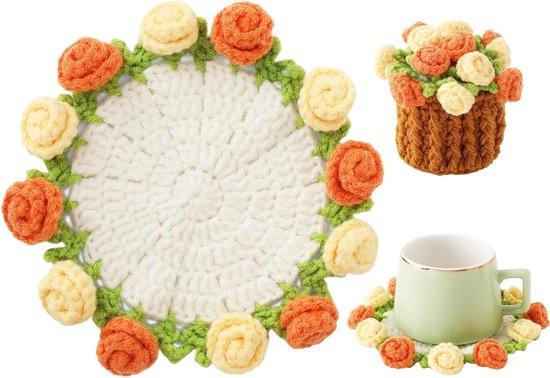 Coasters - Mini Basket Included - Floral Coasters - Vintage Rose Design - Suitable for coffee tables, weddings, housewarming parties, birthdays, etc.（Yellow） - Image 1