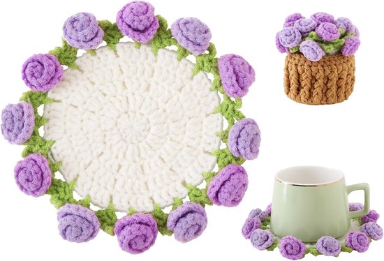 Coasters - Mini Basket Included - Floral Coasters - Vintage Rose Design - Suitable for coffee tables, weddings, housewarming parties, birthdays, etc.（Purple） - Image 1