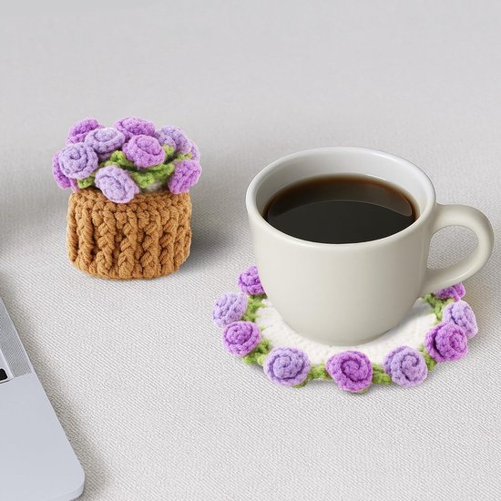 Coasters - Mini Basket Included - Floral Coasters - Vintage Rose Design - Suitable for coffee tables, weddings, housewarming parties, birthdays, etc.（Purple） - Image 2