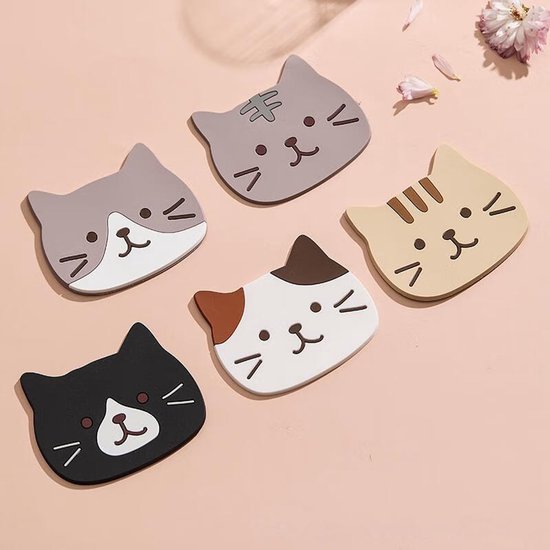 Coasters – Set of 5 – Cute cat design – Made of silicone – Compact, non-slip and heat resistant – Suitable for coffee tables, home use and cafes, also great as a gift for a housewarming or wedding. - Image 1