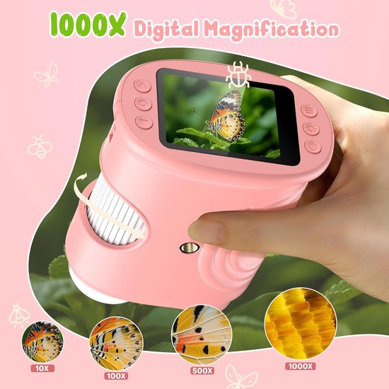 1000x Digital Children's Microscope - With 2 Inch IPS Screen & 8 LED Lights - Handy & Easy to Use for Nature Research - Pink - Image 2