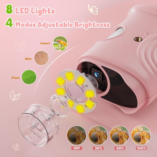 1000x Digital Children's Microscope - With 2 Inch IPS Screen & 8 LED Lights - Handy & Easy to Use for Nature Research - Pink - Image 3