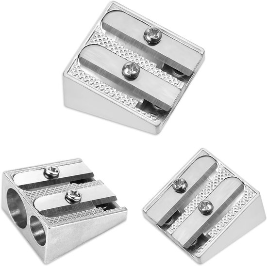 Pencil Sharpener - 3-Piece - Double Hole Pencil Sharpener - Portable Manual Pencil Sharpener - Suitable for Children, Home, School and Office - Silver - Image 1