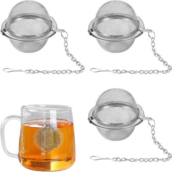 Tea filter - 3 pieces - Stainless steel tea filter - Tea ball filter - Tea filter pot - Infusion ball - Stainless steel tea filter - with extended chain hook - Round tea filter - Image 1