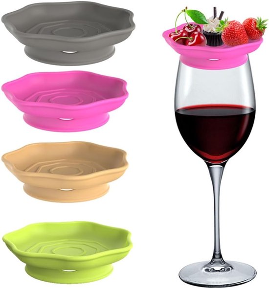 Wine Glass and Snack Tray - 4 Pieces - Draining Silicone Wine Glass and Snack Tray - Non-Slip Lid Coaster - Suitable for appetizers, desserts, family gatherings, and bars - Image 1