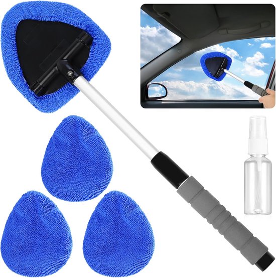 Car Window Cleaning Kit - 5-Piece - Car Window Cleaning Tool - Car Window Cleaning Tool - Car Window Cleaning Brush with Telescopic Handle - 1 Handle + 4 Blue Cloths + 1 50ml Spray Bottle - Image 1