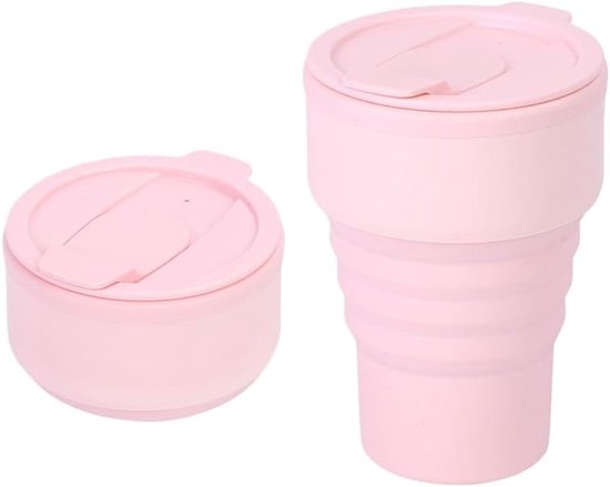 Collapsible Silicone Camping Mug – 385ml – Travel and Drinking Mug with Lid, Dishwasher Safe – Ideal for Camping, Hiking and Office (Pink) - Image 1