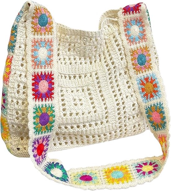 Women's shoulder bag - Embroidered bag - Handmade crocheted fabric bag - Colorful patterns - Perfect for shopping and holidays - White - Image 1