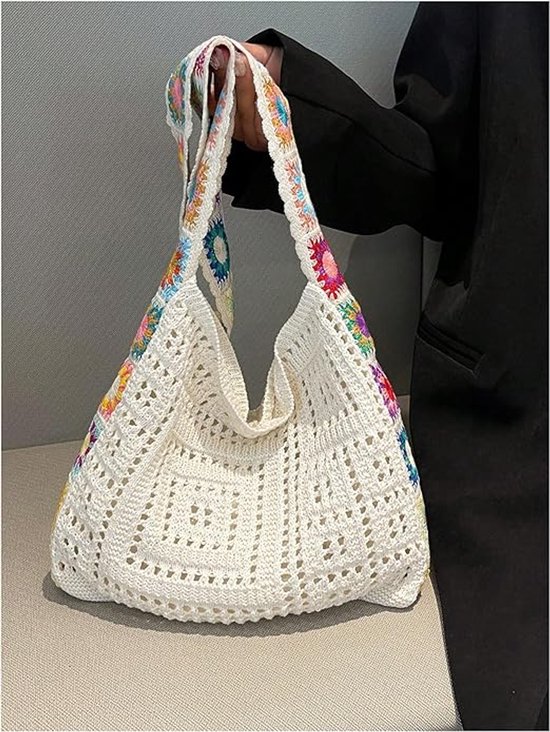Women's shoulder bag - Embroidered bag - Handmade crocheted fabric bag - Colorful patterns - Perfect for shopping and holidays - White - Image 2