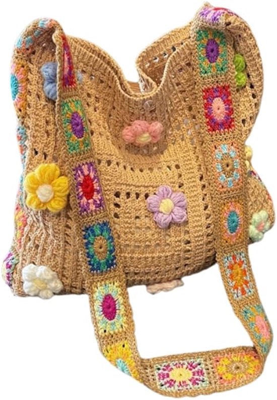 Women's shoulder bag - Embroidered bag - Handmade crocheted fabric bag - Colorful patterns - Perfect for shopping and holidays - Khaki - Image 1