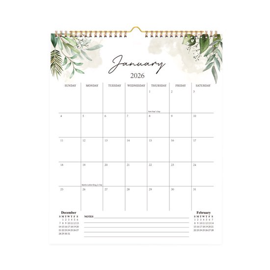Calendar 2026 - Hangable 12 Months - Calendar - With wire-o-binding - Yearly calendar - Monthly planner - Wall calendar - 37 x 30cm - Green branches and leaves - Image 1