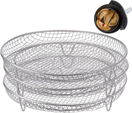 Multi-layer air fryer rack (3 round layers) - Air fryer baking pan - Air fryer grid - 304 stainless steel - Safe to use in air fryers, steam ovens, regular ovens and dishwashers - 20.3 cm - Silver - Image 1