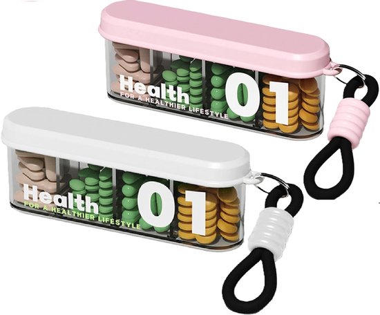 Medicine Box - Four-Compartment Pill Box - Compact and Portable Travel Pill Box - Only 11.5cm, Perfect for Storing Daily Vitamins, Supplements, and Pills - Set of 2 (Light Pink, White) - Image 1
