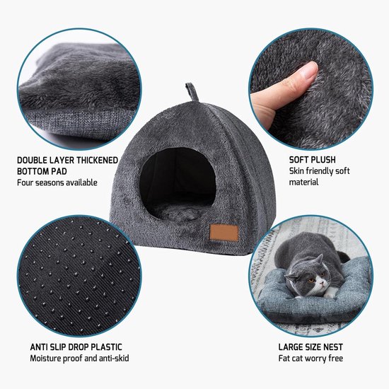 Tents Pet Bed - With Removable & Washable Cushion - Warm & Soft Fleece Fabric - For Cats & Small Dogs - Image 2