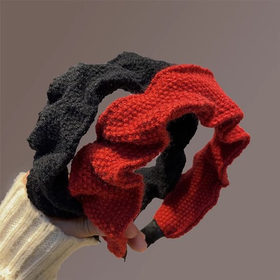 Headband - Set of Two - Retro Style with Ruffles - Elegant and Stylish Headband for Women - Suitable for Parties, Daily Wear and Special Occasions (Red + Black) - Image 1