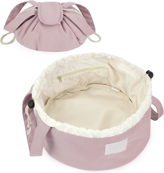 Foldable Drawstring Makeup Bag - Multifunctional Portable Travel Storage Bag for Cosmetics, Toiletry Bags & Accessories, Compact Durable Fabric Bag for Living Room, Shower Table & Travel（Pink） - Image 1