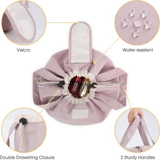 Foldable Drawstring Makeup Bag - Multifunctional Portable Travel Storage Bag for Cosmetics, Toiletry Bags & Accessories, Compact Durable Fabric Bag for Living Room, Shower Table & Travel（Pink） - Image 2