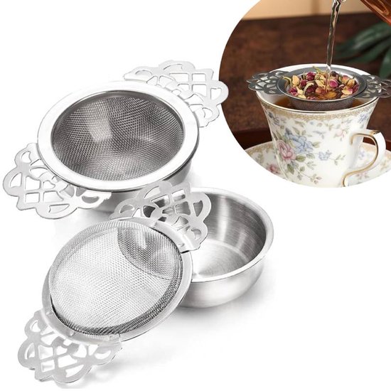 Tea Strainer - 2-piece set - Stainless steel tea infuser - Tea steeper with handle and drip cup - 6.5 cm - Mesh tea filter - Image 1