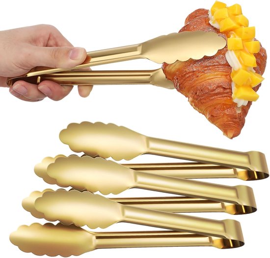 Bread Tongs - 4-Piece Set - Kitchen Tongs for Home Use - Gold Stainless Steel Serving Tongs - Grill Tongs - Steak Tongs - Kitchen Tongs - For Cooking, Salads, Buffets, Appetizers and Desserts - Image 1