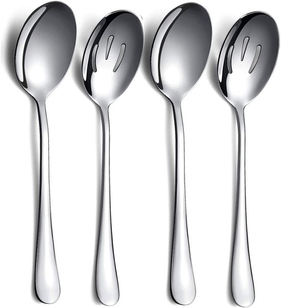 Spoons - 4-piece set - Stainless steel salad spoons - Includes 2 serving spoons and 2 skimmers - Suitable for desserts and coffee - Image 1