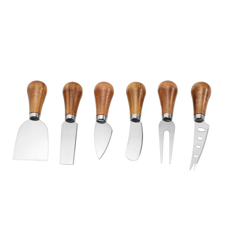 Cheese Knives Set – Portable for Picnic, 4.9 Inches with Wooden Handle, Silver, Set of 6 - Image 1