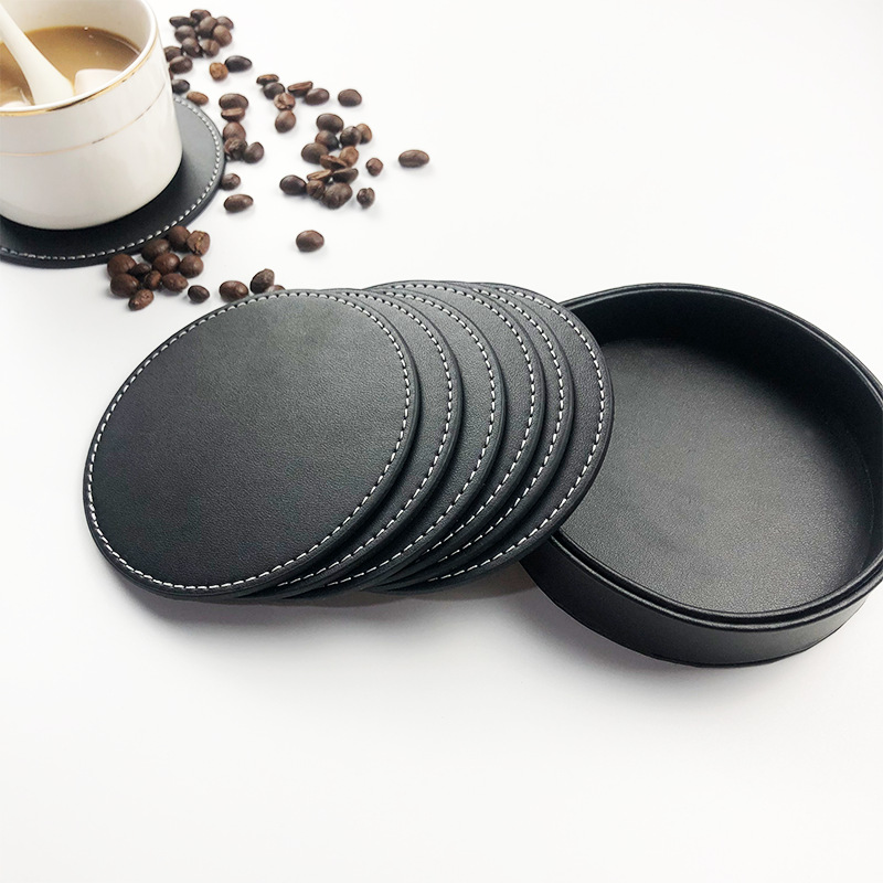 Coaster set - Leather coaster set with storage box - Black - 5 pieces - Image 2