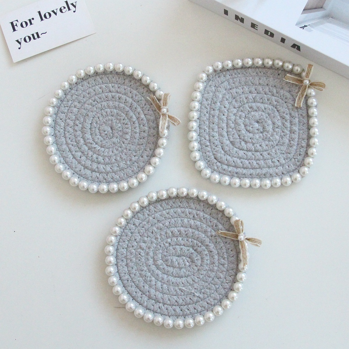 Coasters - Pearl Decoration - Cotton Rope - Hand-woven - Thick and Absorbent - Insulated and Heat-Resistant - Round - 3-Pack - Image 1