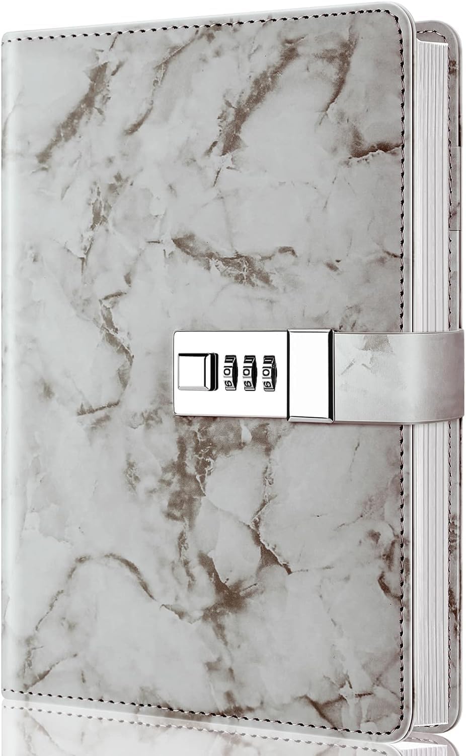 Diary with combination lock, waterproof leather, marble pattern, gray, 1 pack - Image 1