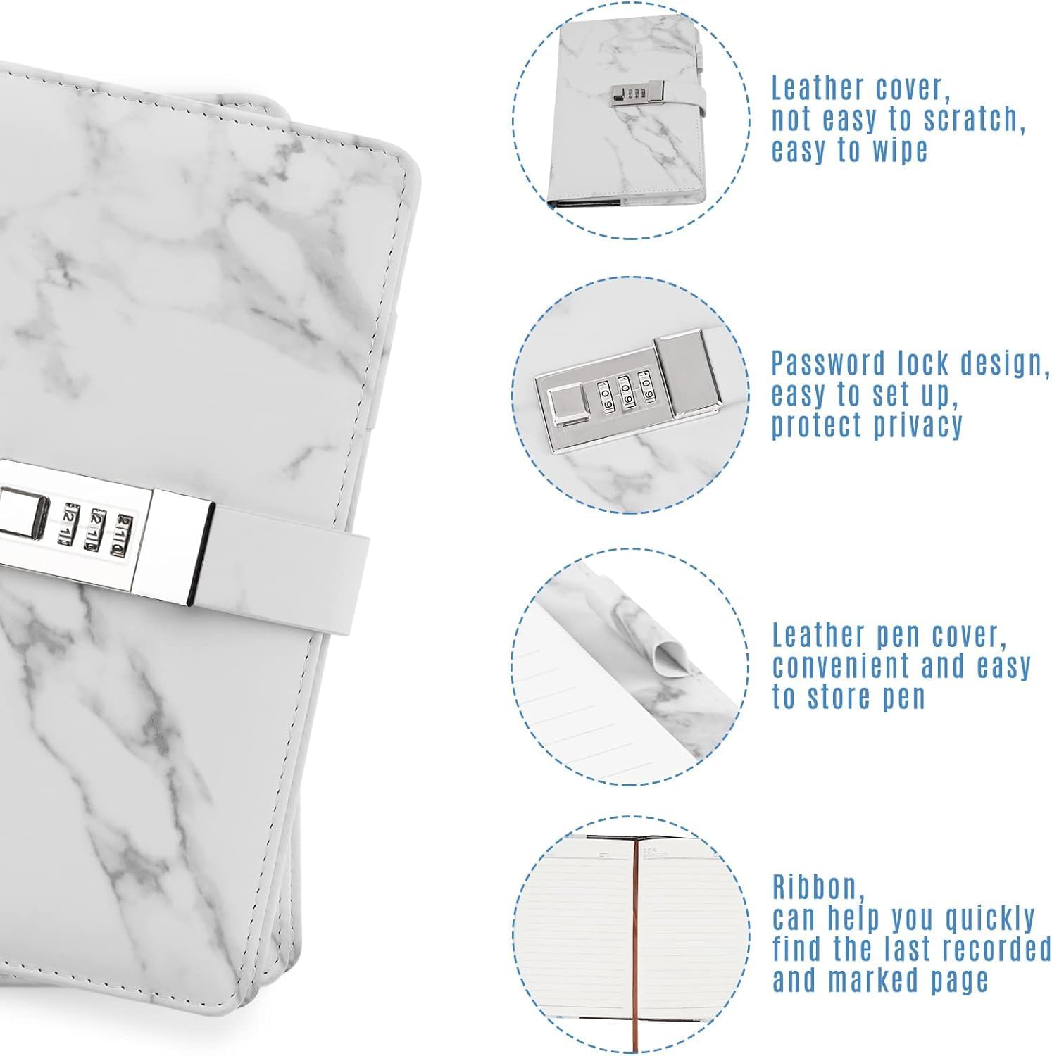 Diary with combination lock, waterproof leather, marble pattern, gray, 1 pack - Image 2