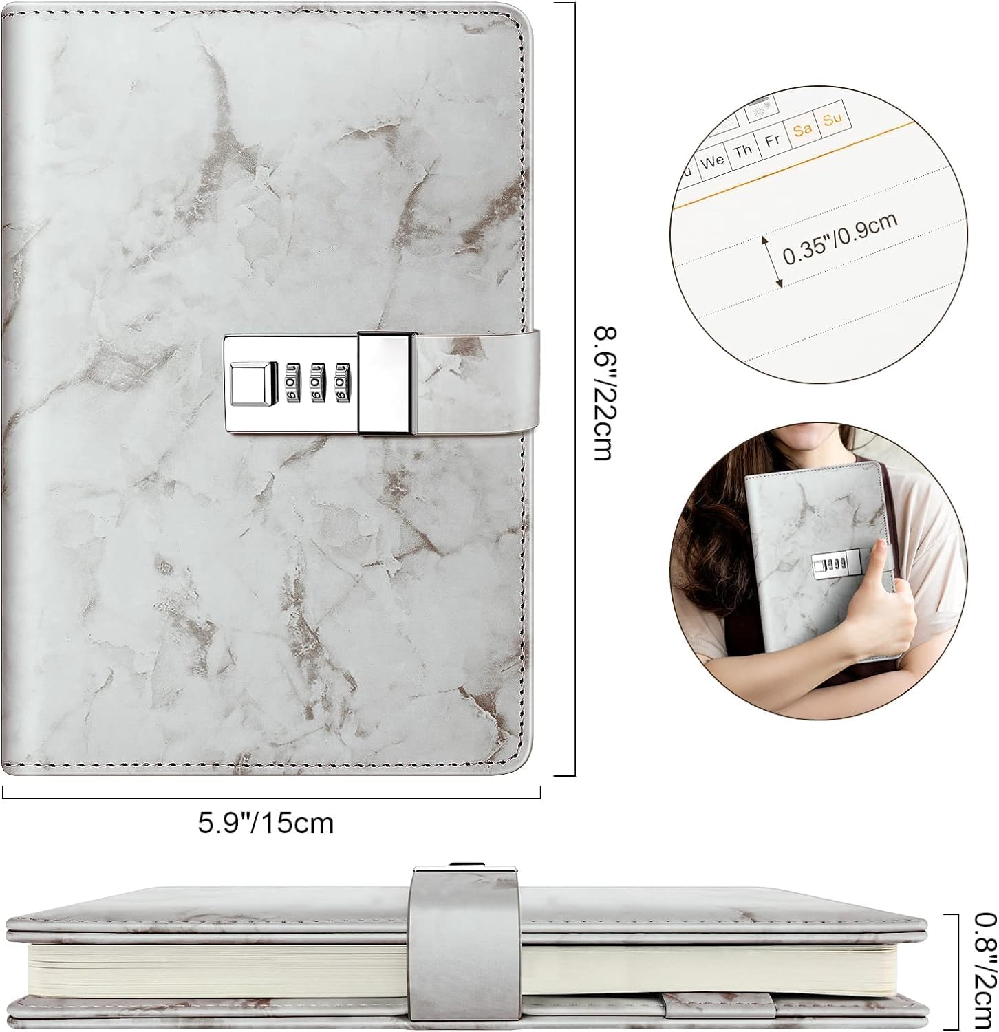Diary with combination lock, waterproof leather, marble pattern, gray, 1 pack - Image 3