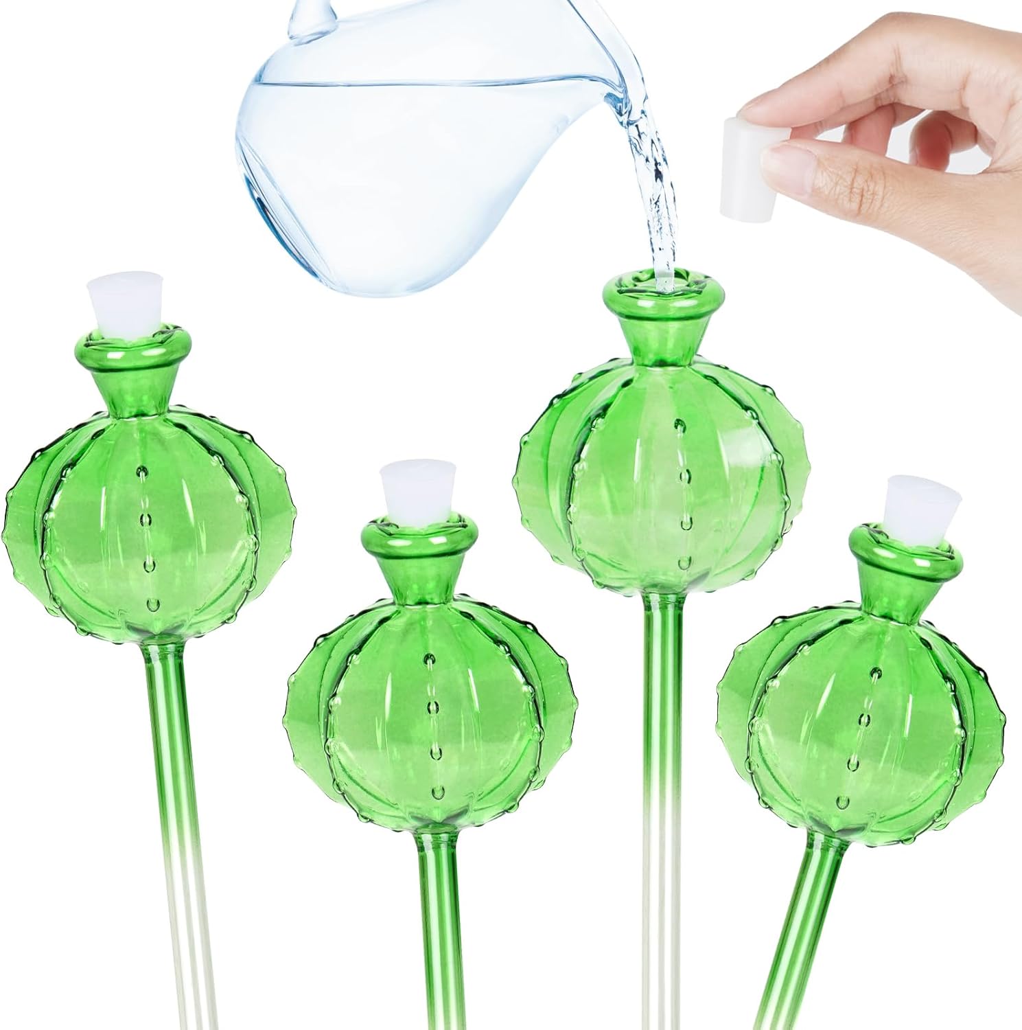 Self-watering planter. Watering devices for plants. Watering bulbs for plants. 4 plant watering bulbs. Green, cactus-shaped, self-watering bulbs, medium-sized. Gifts for plant lovers. - Image 1
