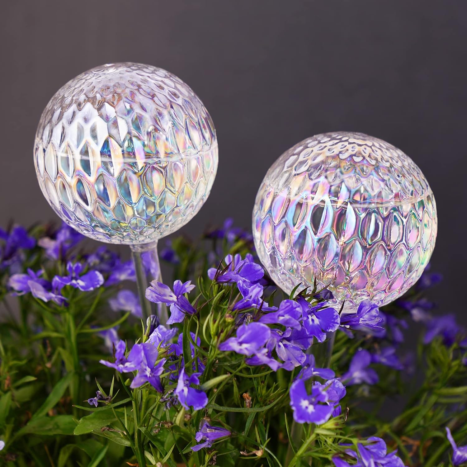 Glass Self-Watering Plant Balls, 2-Pack, Pearlescent, Clear Iridescent, Plant Watering Device, Diamond Pattern, Self-Watering Balls, Planter Insert, Decorative Holiday Watering Spikes - Image 1